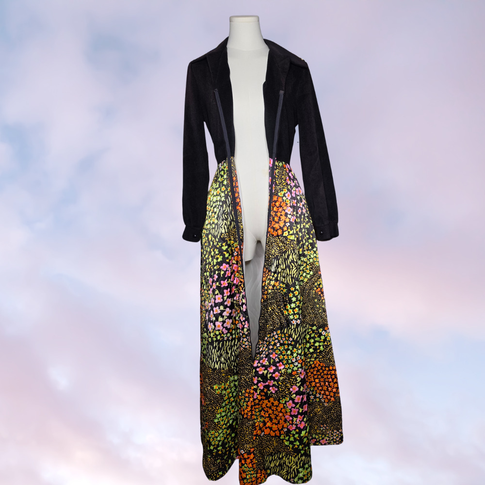 Vtg 70s Evelyn Pearson Black Velvet Top Floral Quilt Skirt full Long Maxi Dress - Picture 7 of 9